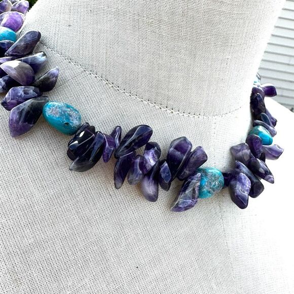 AMETHYST TURQUOISE NATURAL NUGGET necklace STERLING silver clasp - Picture 2 of 10